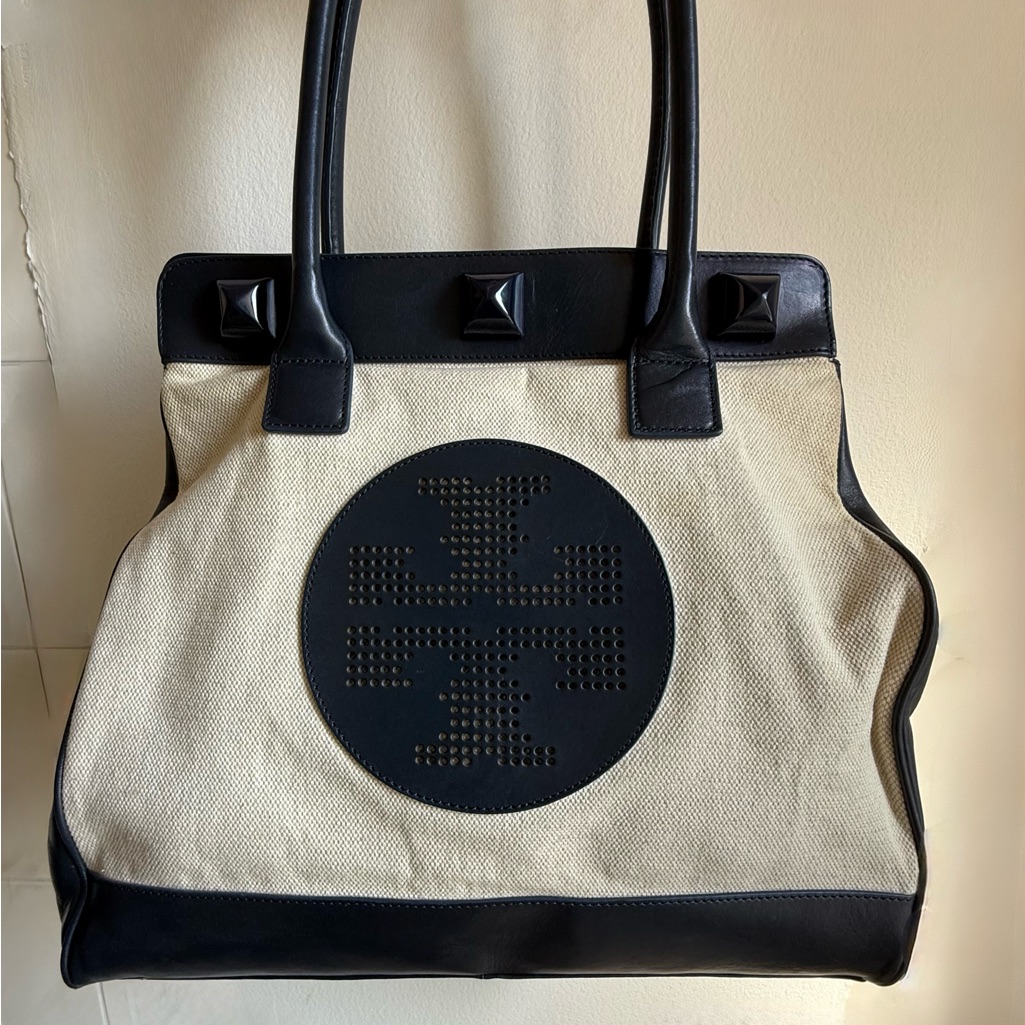 Tory Burch Navy Blue And Canvas Cream Women's Tote Bag